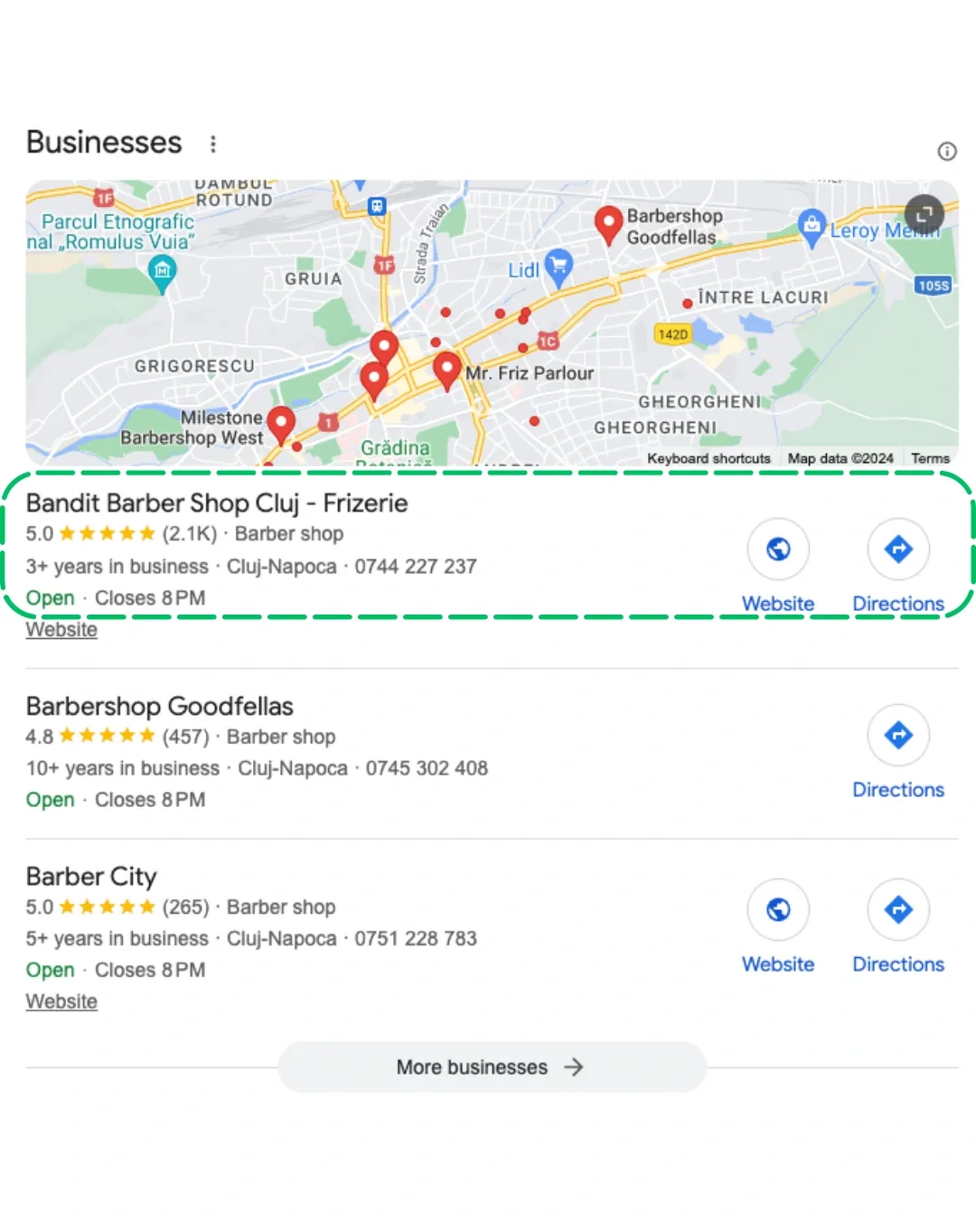 Rezultate Google pentru frizerii din Cluj-Napoca, cu Bandit Barber Shop evidențiat în Map Pack