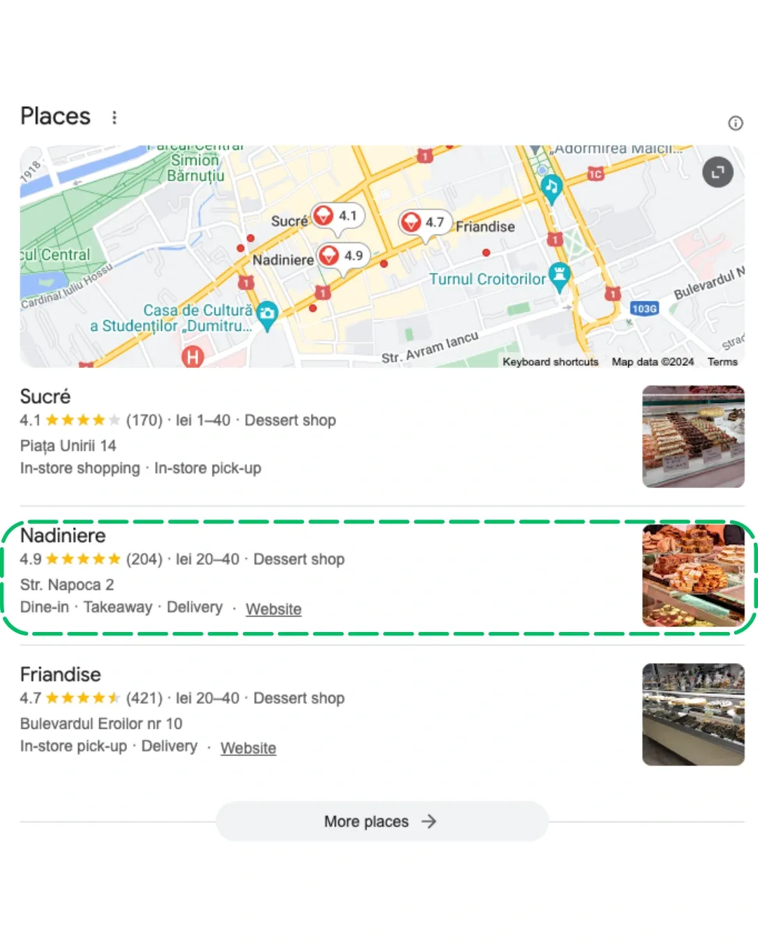 Rezultate Google Places pentru cofetării din Cluj-Napoca, cu Nadiniere evidențiată în Map Pack